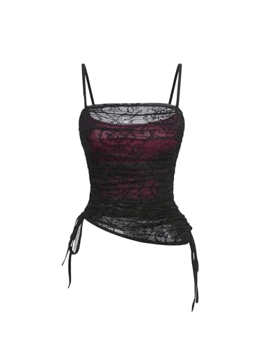 SOLY HUX Women's Ruched Lace Cami Top Drawstring Sleeveless