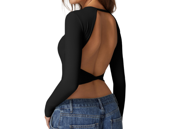 QINSEN Womens Criss Cross Backless Top Long Sleeve Double Lined