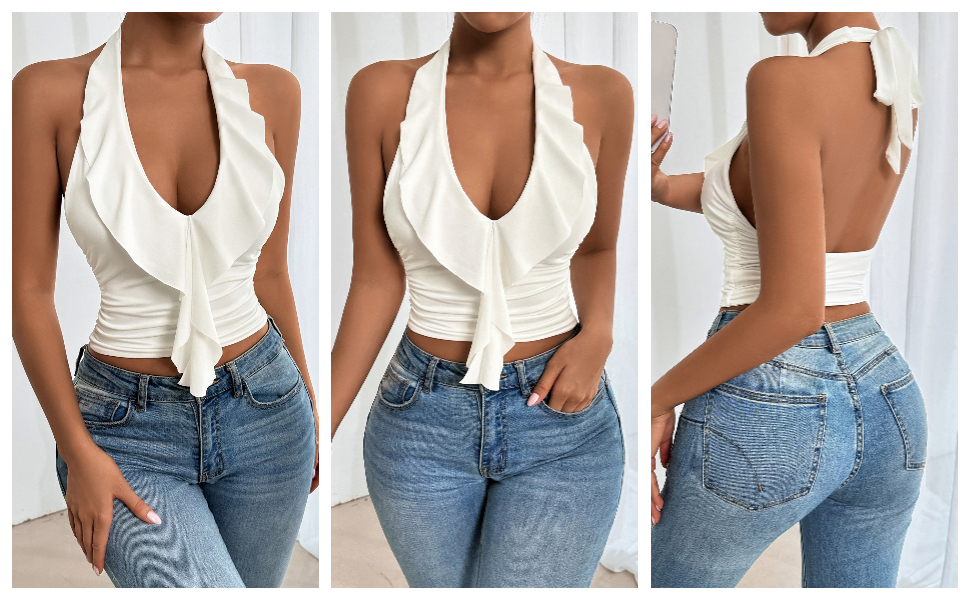 SOLY HUX Women's Ruffle Trim Halter Tops Ruched V Neck Sleeveless