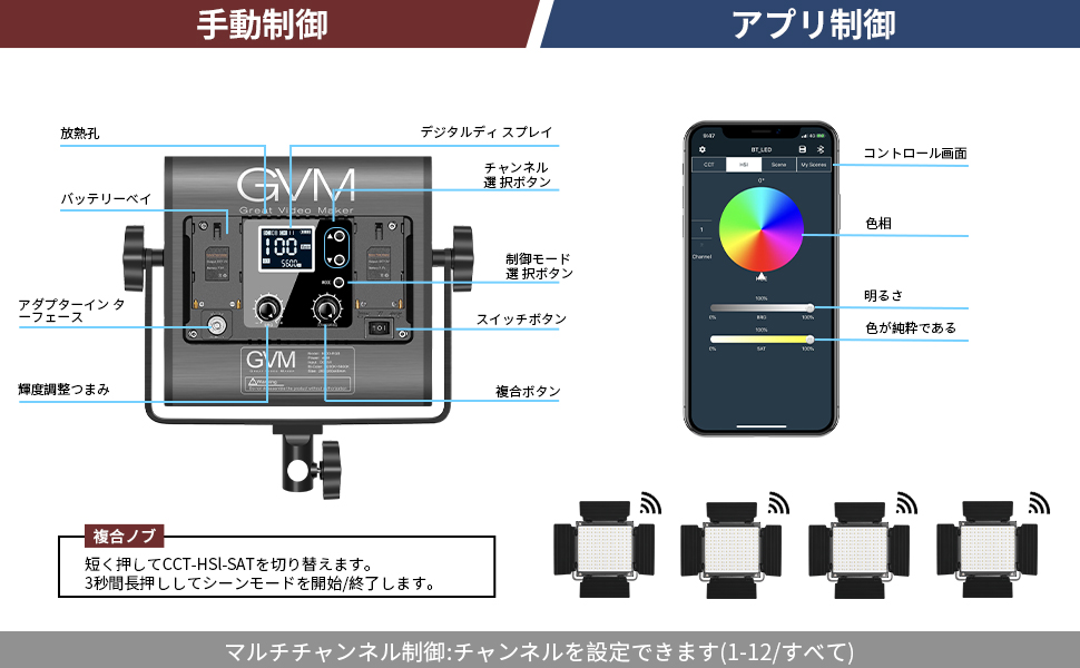 Amazon | GVM RGB LEDビデオライト アプリコントロール付き撮影用照明