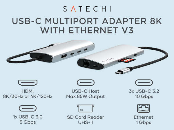 Amazon.com: Satechi 8 in 1 USB C Hub Multiport Adapter V3, 8K HDMI
