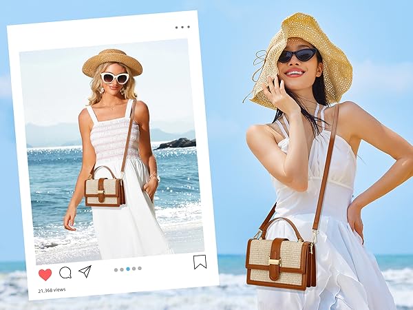 KKXIU Top Handle Straw Purse for Women, Summer Straw Crossbody Bag