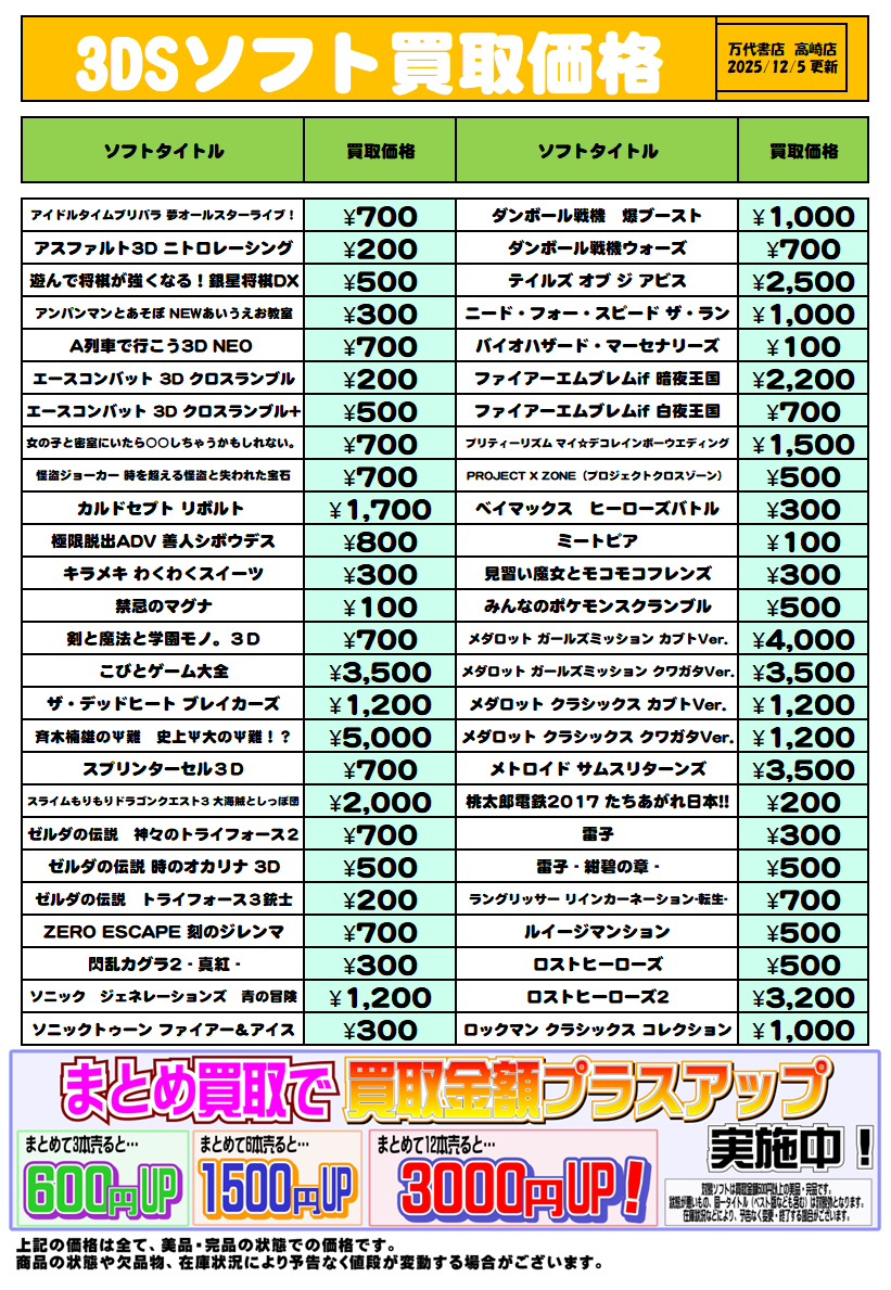 ◇3DSソフト 買取情報更新しました！◇ - 万代書店 高崎店