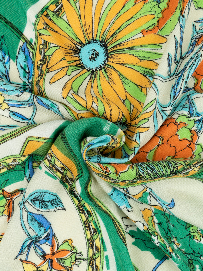 ウールシルクストールヘリンボーン織120＞コラージュサークルフラワー