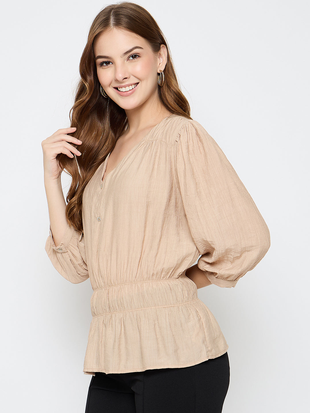 Madame Solid Rayon Blend Beige Peplum Top