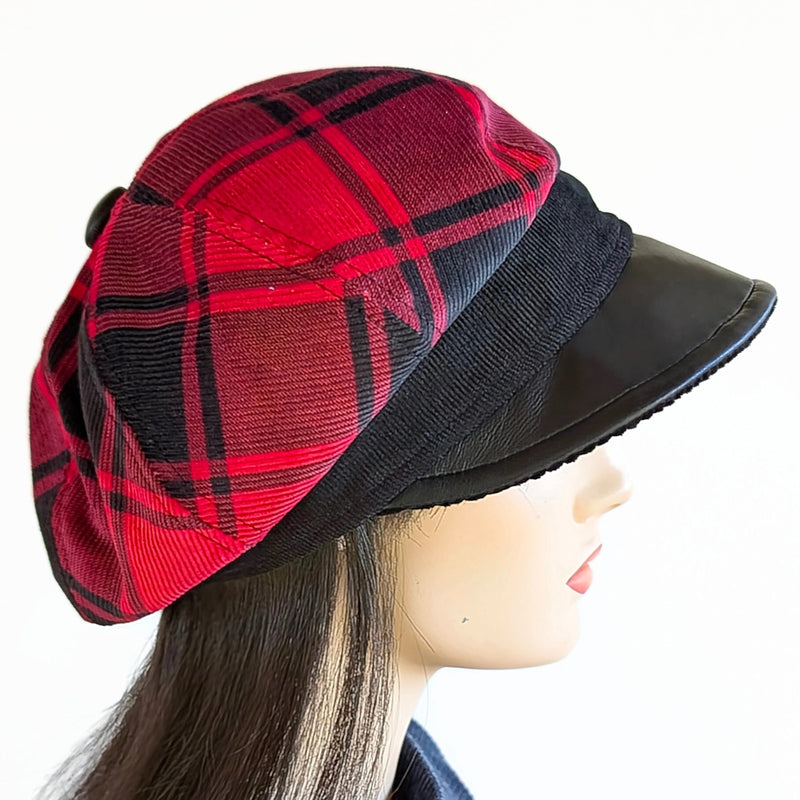 Poorboy Fashion Cap with black vegan leather trim, red and black