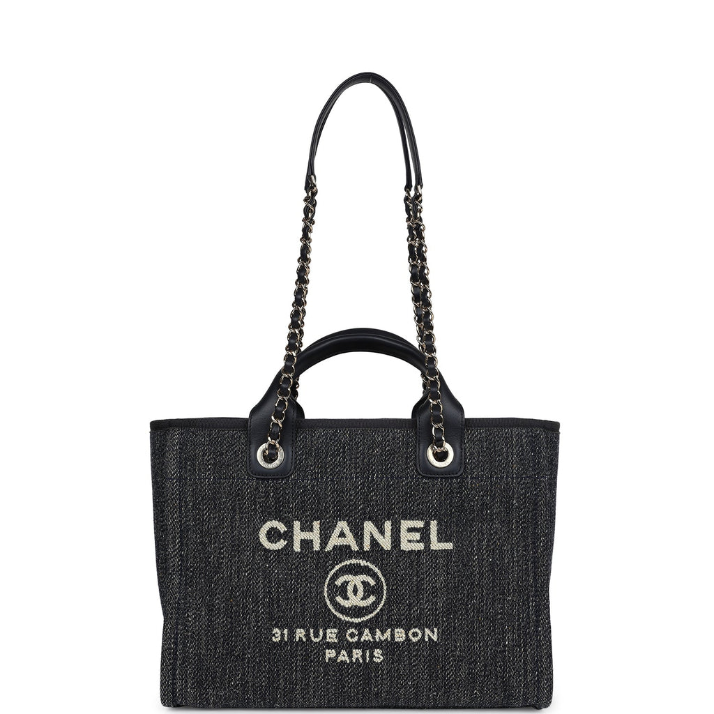 Chanel Small Deauville Shopping Tote Dark Blue Denim Light Gold Hardwa