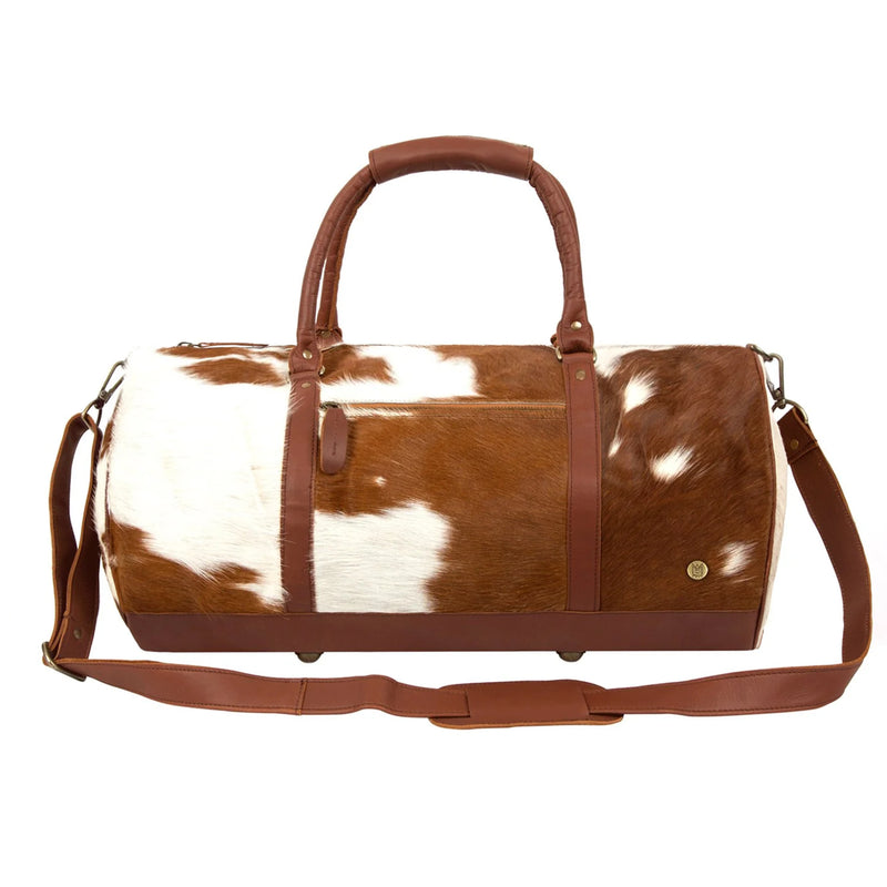 Natural Brown and White Cow Print Leather Cowhide Duffle Bag