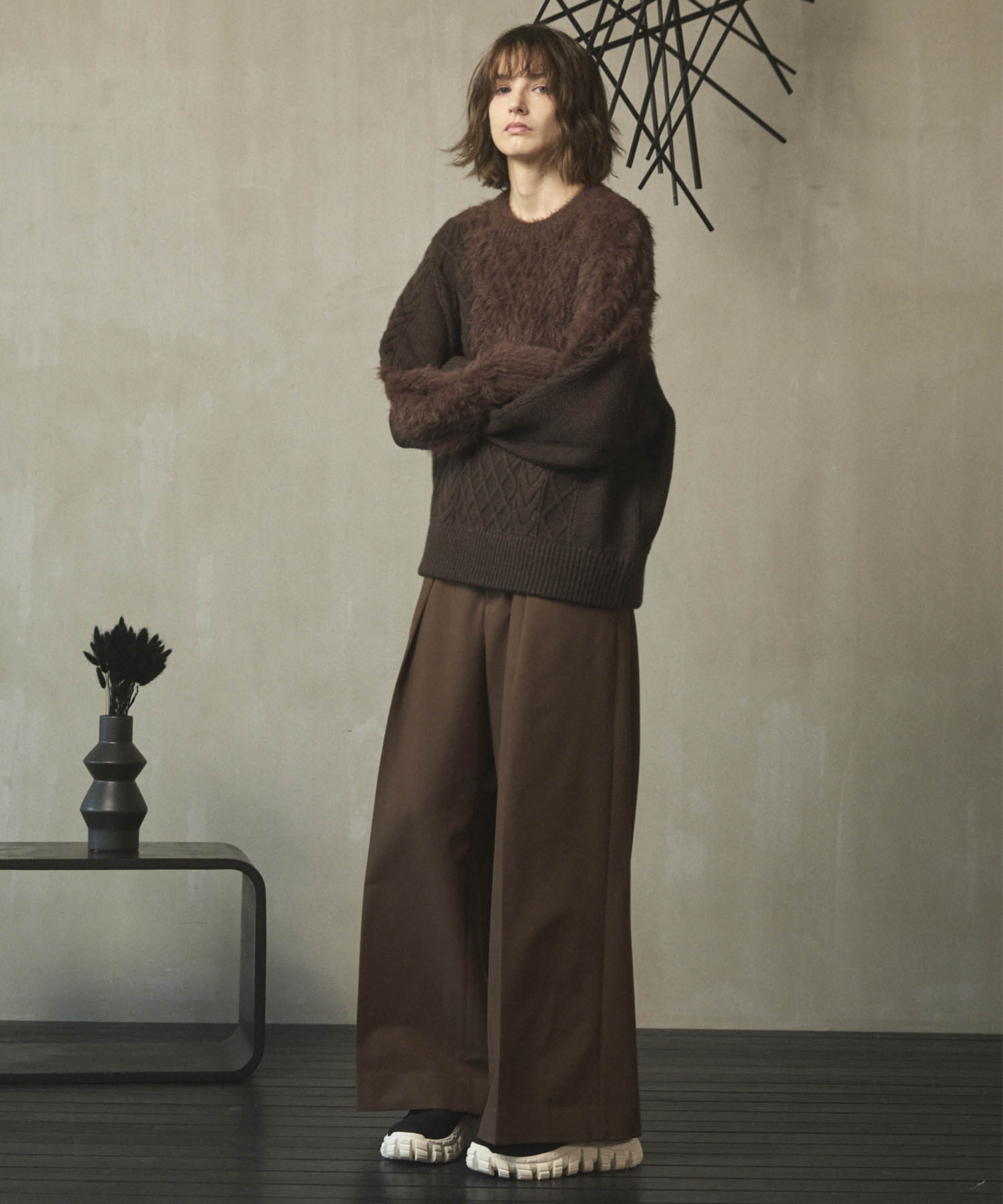 Cable Shaggy Mix Prime-Over Crew Neck Knit Pullover