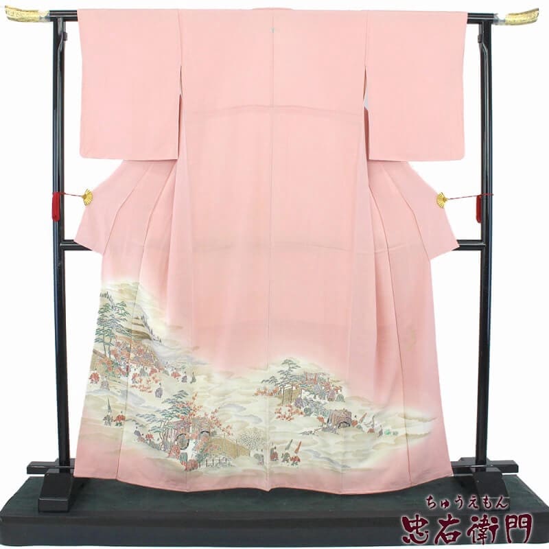 中古】 色留袖 1ツ紋 レディース 正絹 ピンク 御殿模様之図 風景柄