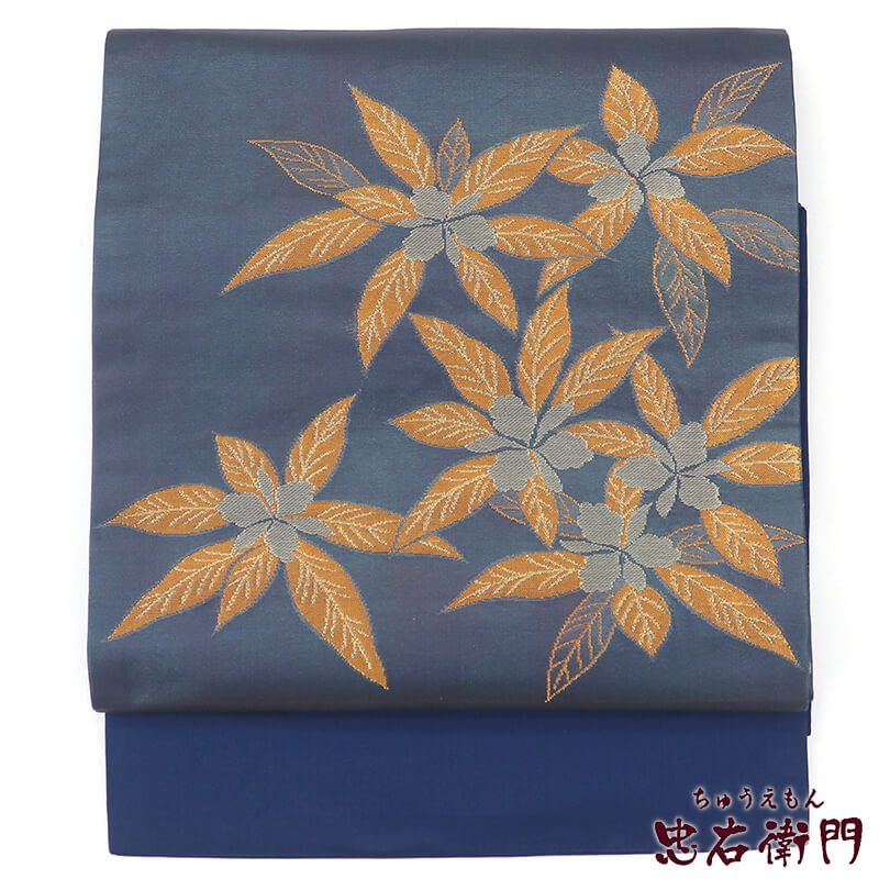 中古】 名古屋帯 正絹 九寸帯 お太鼓柄 紺 植物柄 長さ339cm 幅30.5cm