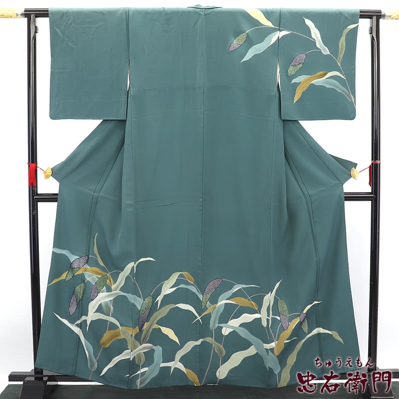 中古】 訪問着 袷 レディース 正絹 緑 花柄 モダン柄 身丈165cm 裄丈