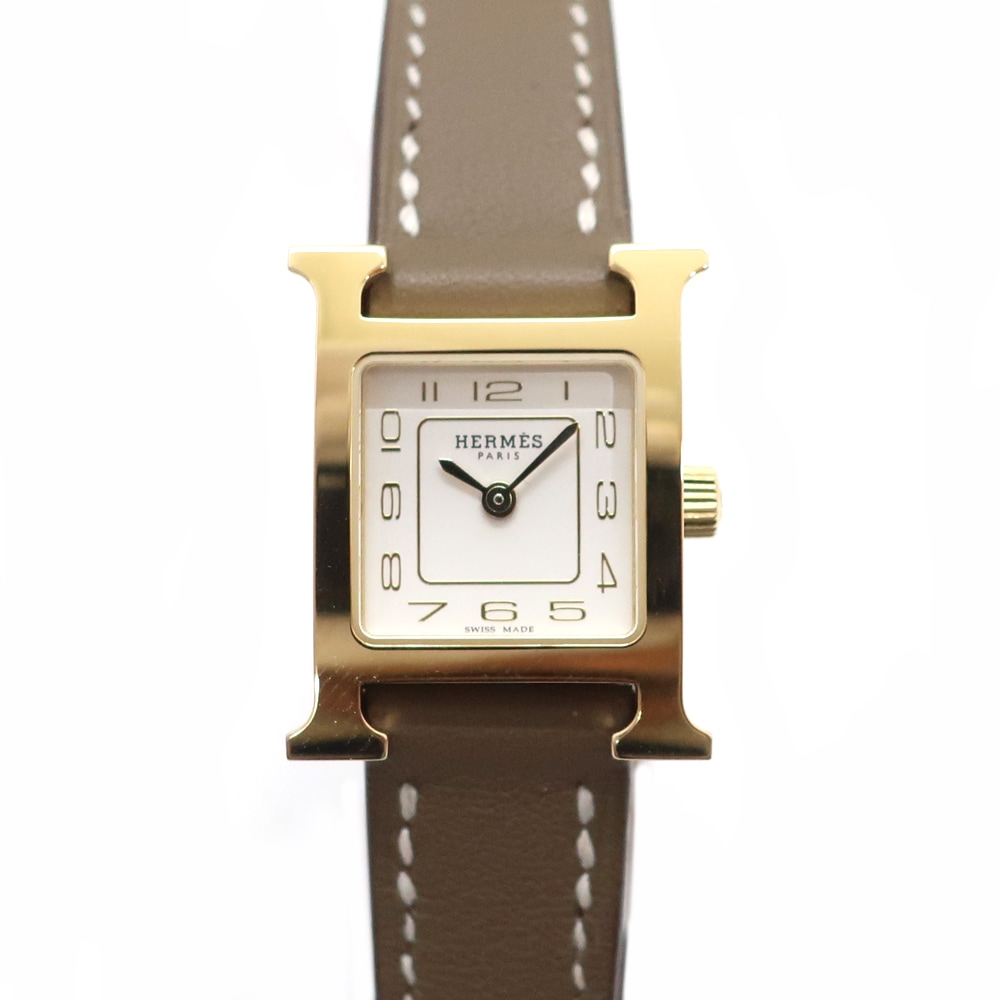 天白】【HERMES】エルメス Hウォッチ ミニ HH1.101 GD金具 レザー