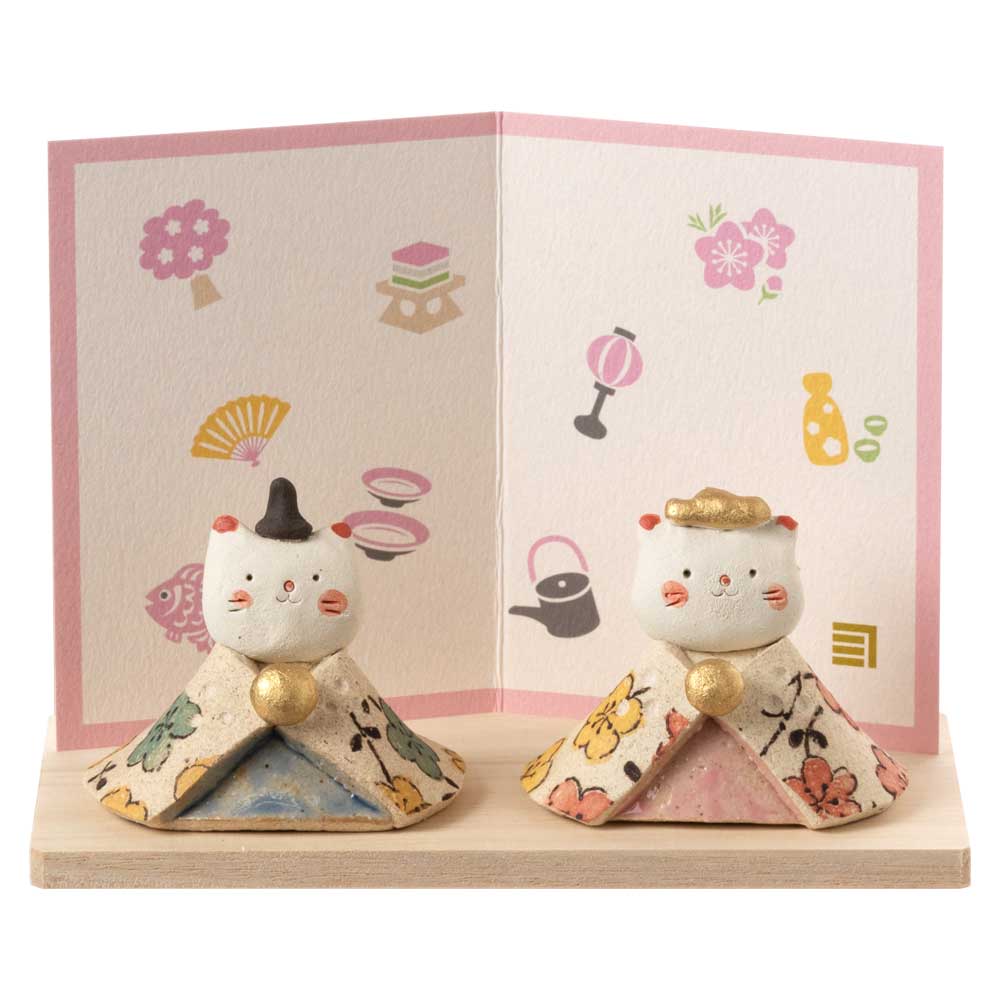 陶器のおひなさま 桃の彩・ねこ雛 (HK118) 瀬戸焼 手軽に飾れる