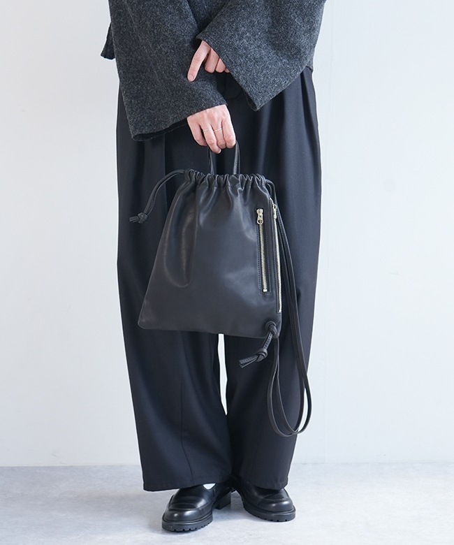 M-171]【保存袋あり】MORMYRUS(モルミルス) レザー巾着バッグ 2way