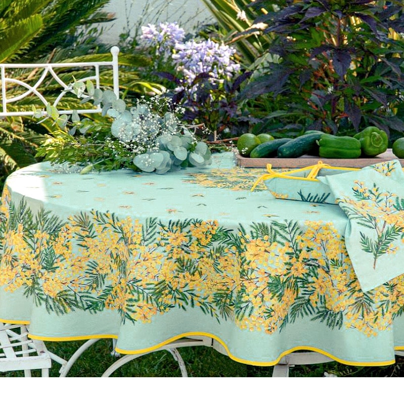 フランス製 コットン撥水テーブルクロス ミモザ/グリーン 円形180cm