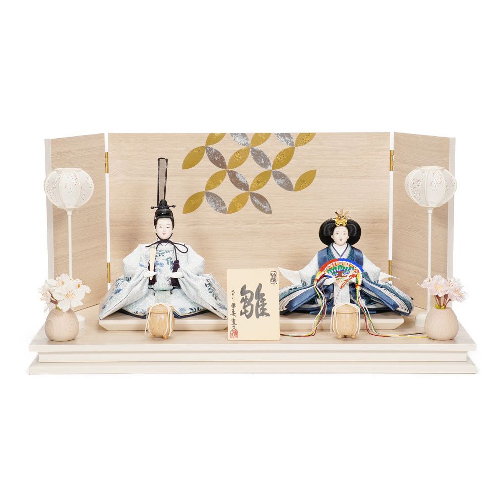 雛人形】特大芥子 刺繍(白・青) 草花 親王飾り | 平安豊久作 ｜雛人形