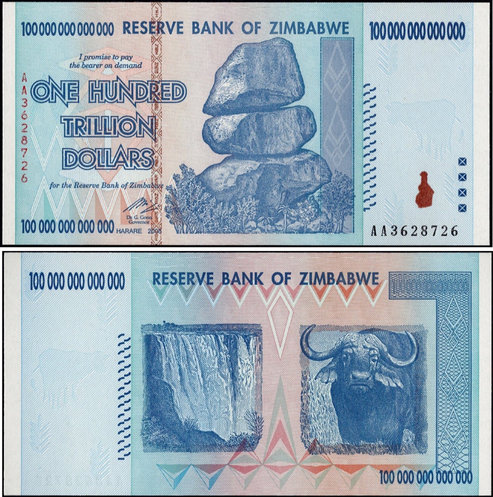 ジンバブエ 100兆 ジンバブエ・ドル 未使用 【証明書付】 | 外国紙幣
