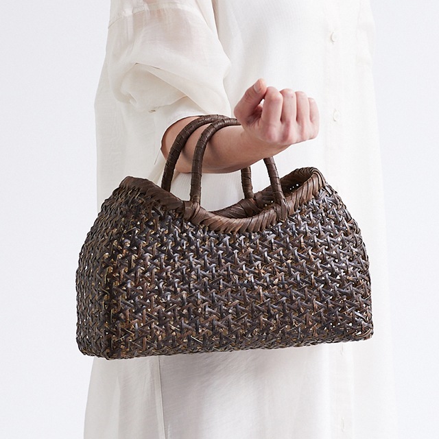 黒竹ミニボストンバッグ (麻の葉×亀甲編み/ひご幅3～5mm/中サイズ/ふち