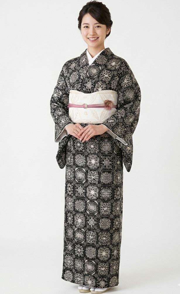 正絹訪問着 レンタルフルセット「総柄汕頭蘇州刺繍 格子華紋