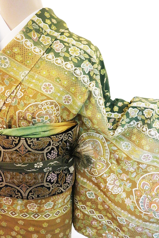 正絹訪問着 レンタルフルセット「総柄汕頭刺繍 横段唐花華紋