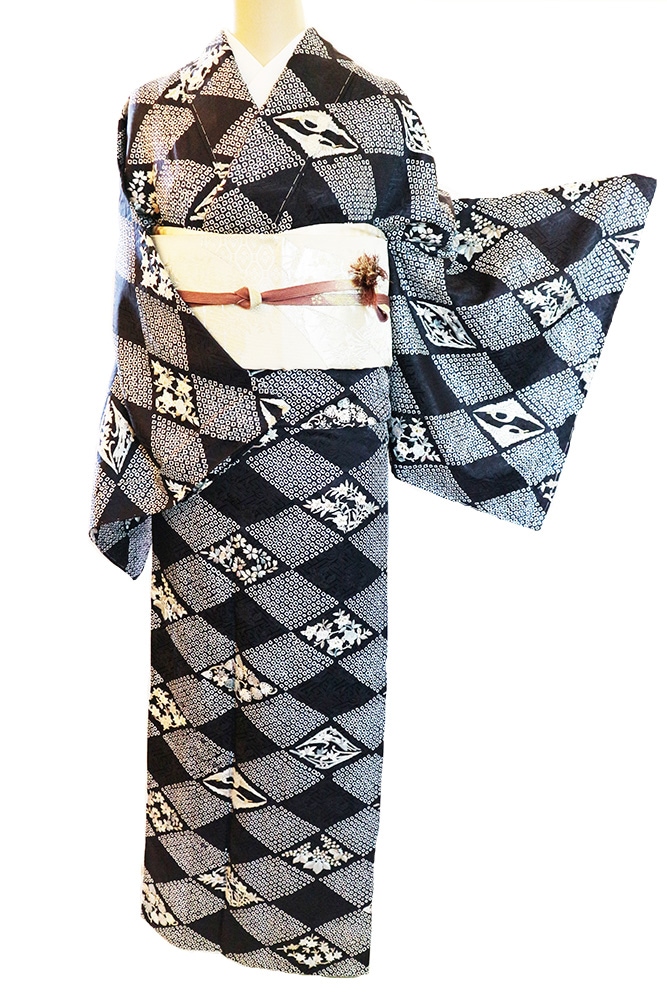 夏着物正絹 叩き染め お花柄 訪問着 一つ紋 帯セット