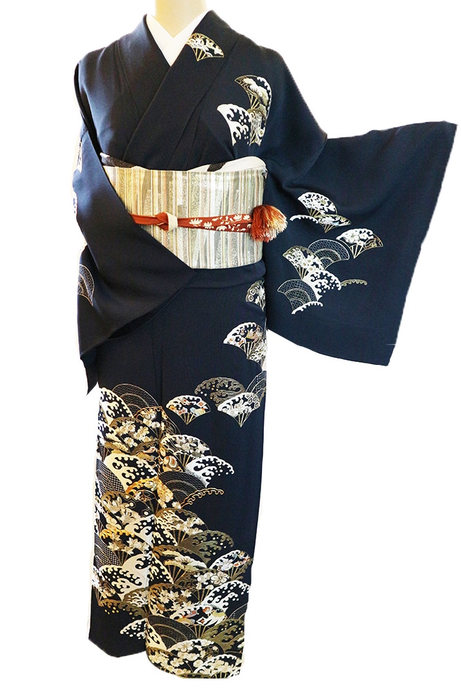正絹単衣訪問着 レンタルフルセット「扇に波花宝尽くし刺繍」 | すべて