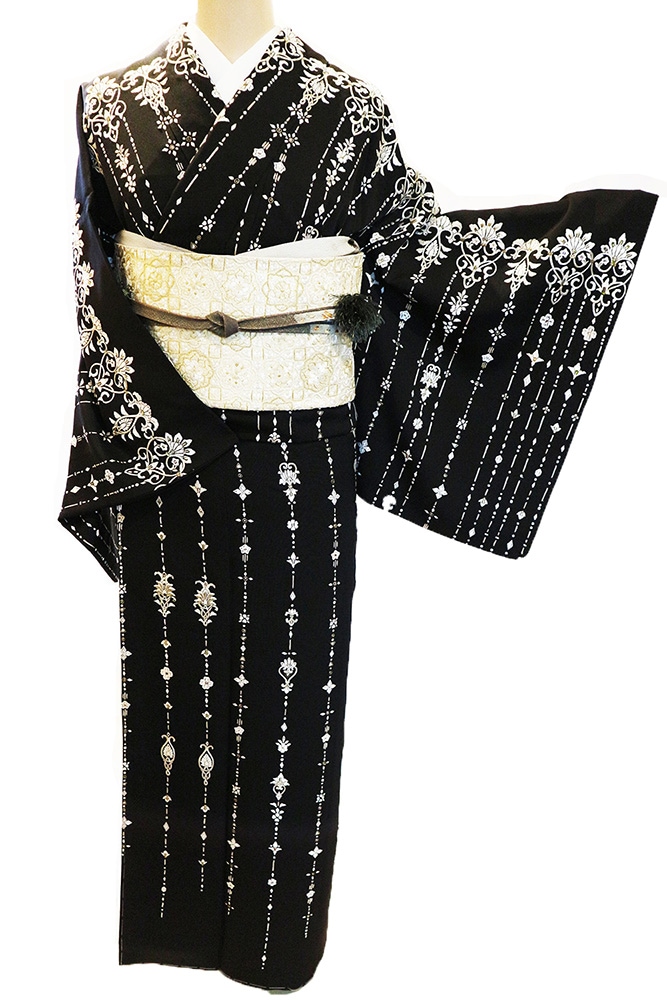 夏着物正絹 叩き染め お花柄 訪問着 一つ紋 帯セット