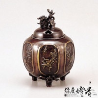 香炉/香器『高岡銅器【平丸獅子蓋香炉/松鶴/焼青銅色】銅製・能作吉