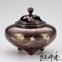 香炉/香器『高岡銅器【平型香炉波鶴/焼青銅色】銅製・能作吉秀作[空