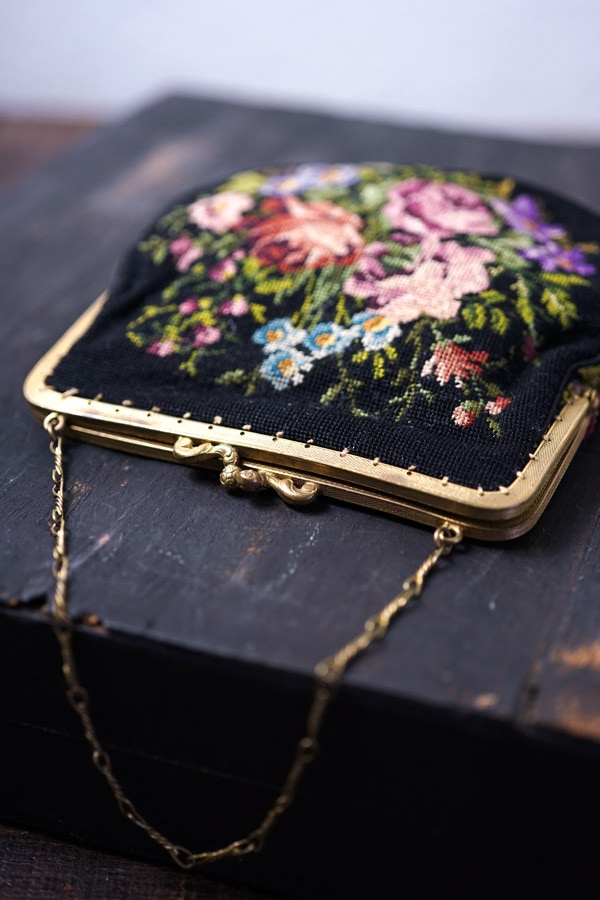 アンティーク薔薇のプチポワンバッグW12×H14×マチ2cm 1930年代頃 gb