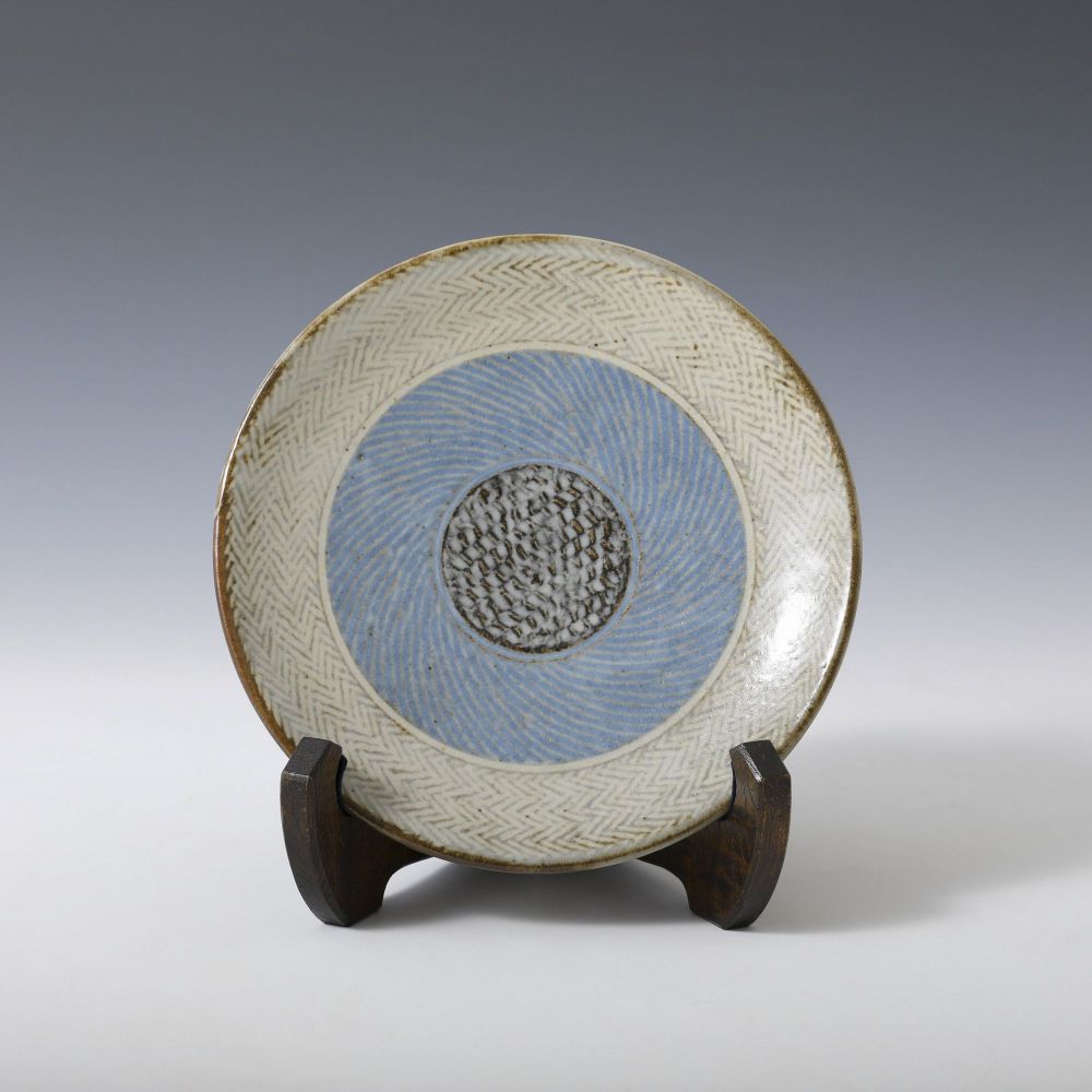 島岡達三 益子焼 竹文中皿 六枚象嵌赤絵組皿 箱入り 18cm 人間国宝