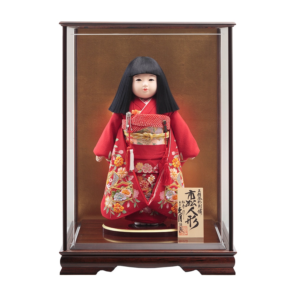 日本人形 赤色衣装 ガラスケース付き 人形用 ガラスケース 10号市松