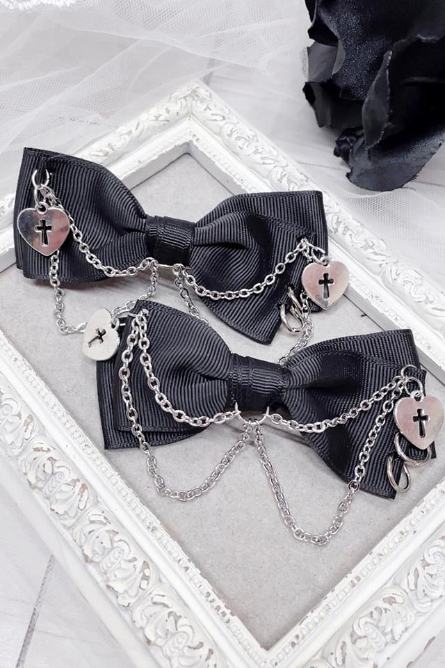 MA*RS】クロスハート×チェーンりぼん2個SETクリップ - ブラック size-F