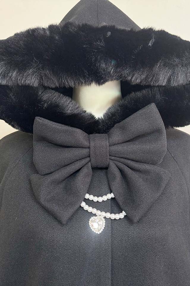 Princess Melody】リボン付きボリュームファーフードケープコート