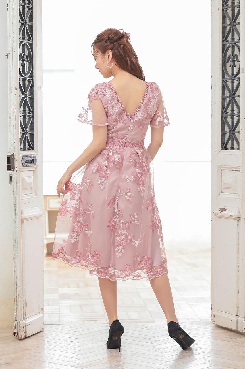 Vネックチュールフラワードレス C30026PK ｜パーティードレス・結婚式