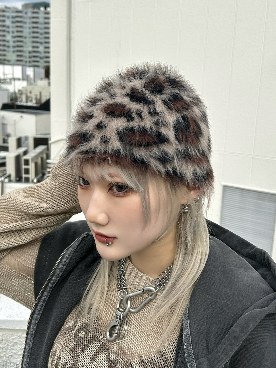 受注制【Never mind the XU】mohair leopard beanie (2color