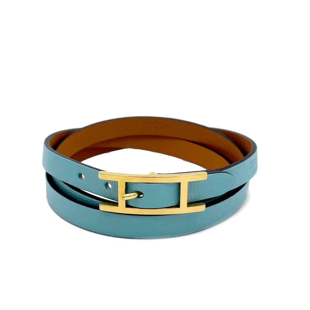 HERMES エルメス アピ3 ロングブレスレット レザー ライトブルー