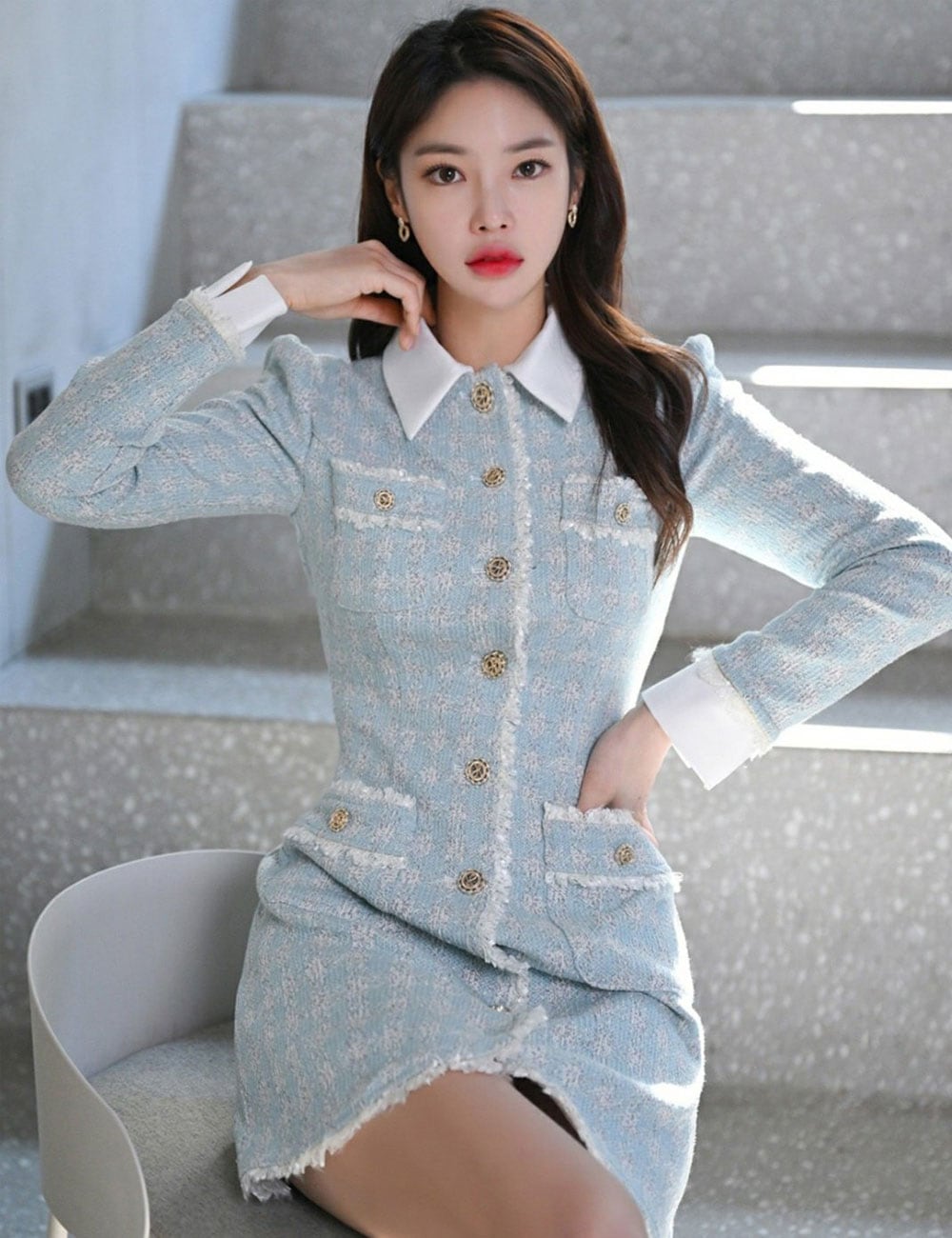 instock]【AIDMAX】ミニ/ドレス/ワンピース/ブルー/袖あり/長袖/ボタン