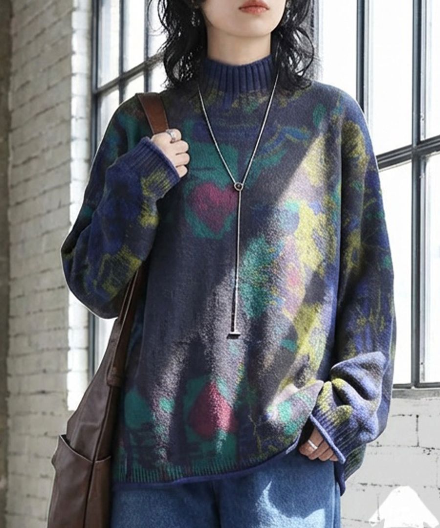 アート柄 ハイネックニット レディース ニット 長袖 送料無料・メール