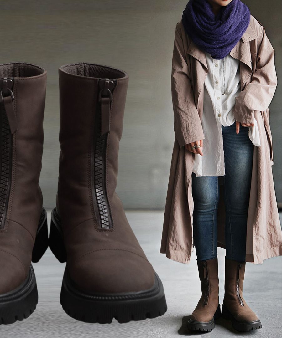 フロントジップブーツ ブーツ レディース 靴 合皮 送料無料・再入荷