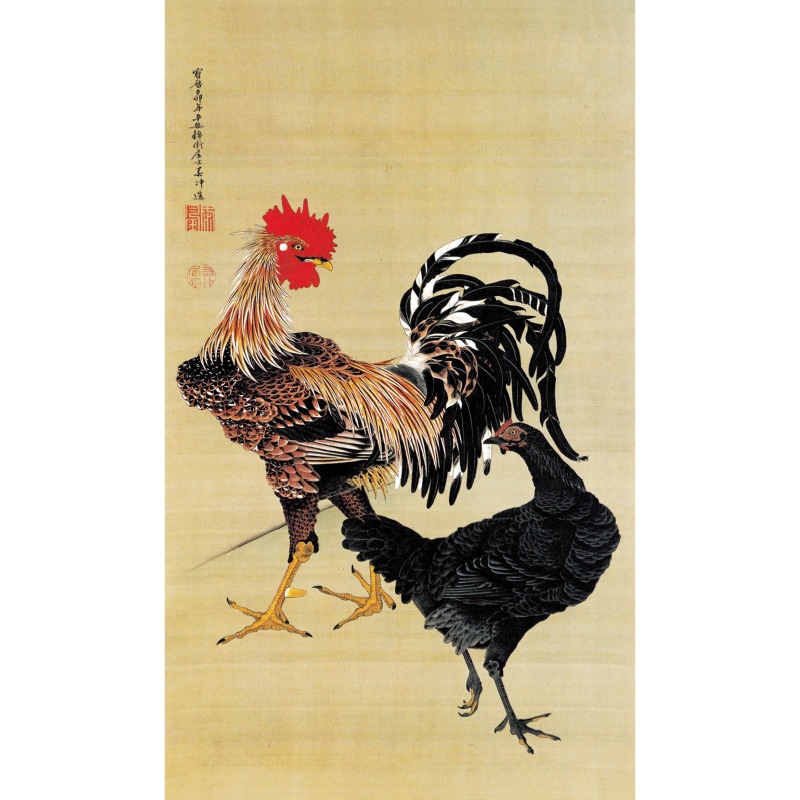 伊藤若冲 動植綵絵 大鶏雌雄図 掛軸 美術品 インテリア レプリカ