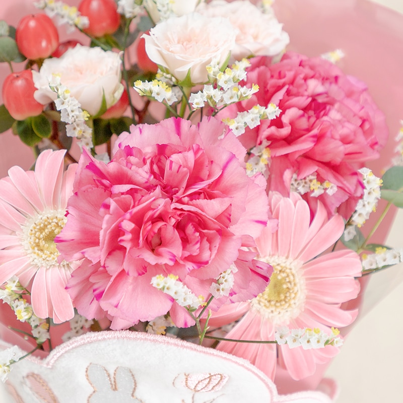 直送商品A】ミニタオル/チャームが選べる フラワーブーケ ピンク