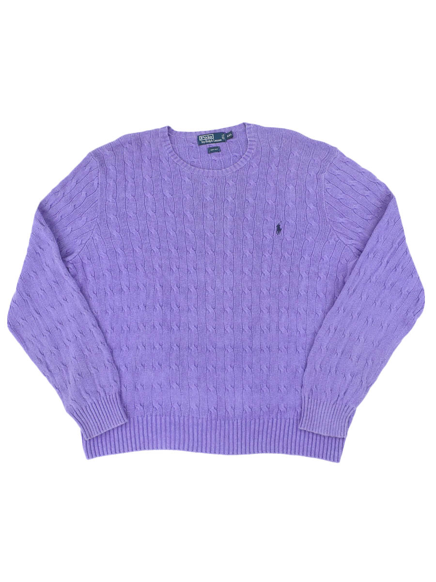 ラルフローレン ケーブル編み ワンポイント刺繍 シルクニット パープル
