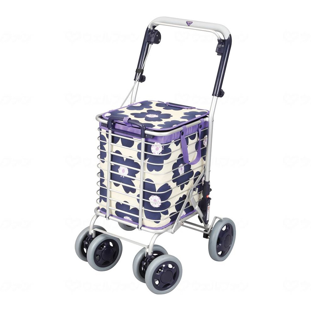 ブレーキ付 アルミワイヤーカート 花柄青 ｜ シルバーカー・歩行器