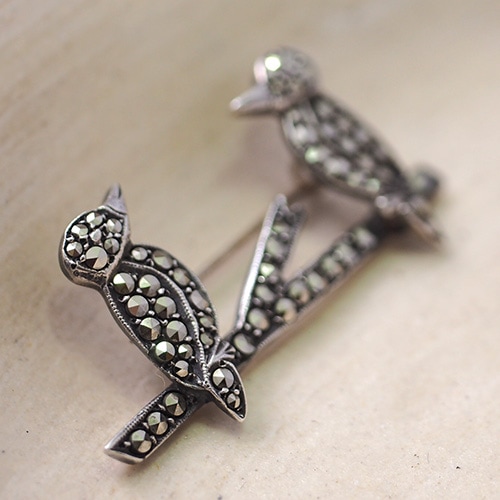 シルバー マーカサイト 2羽の鳥 ブローチ