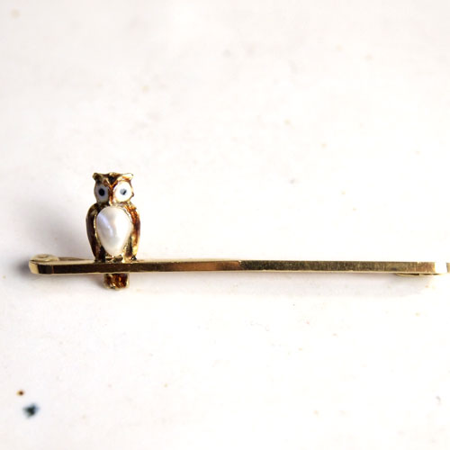 15金 エナメル＆バロックパール フクロウ ブローチ