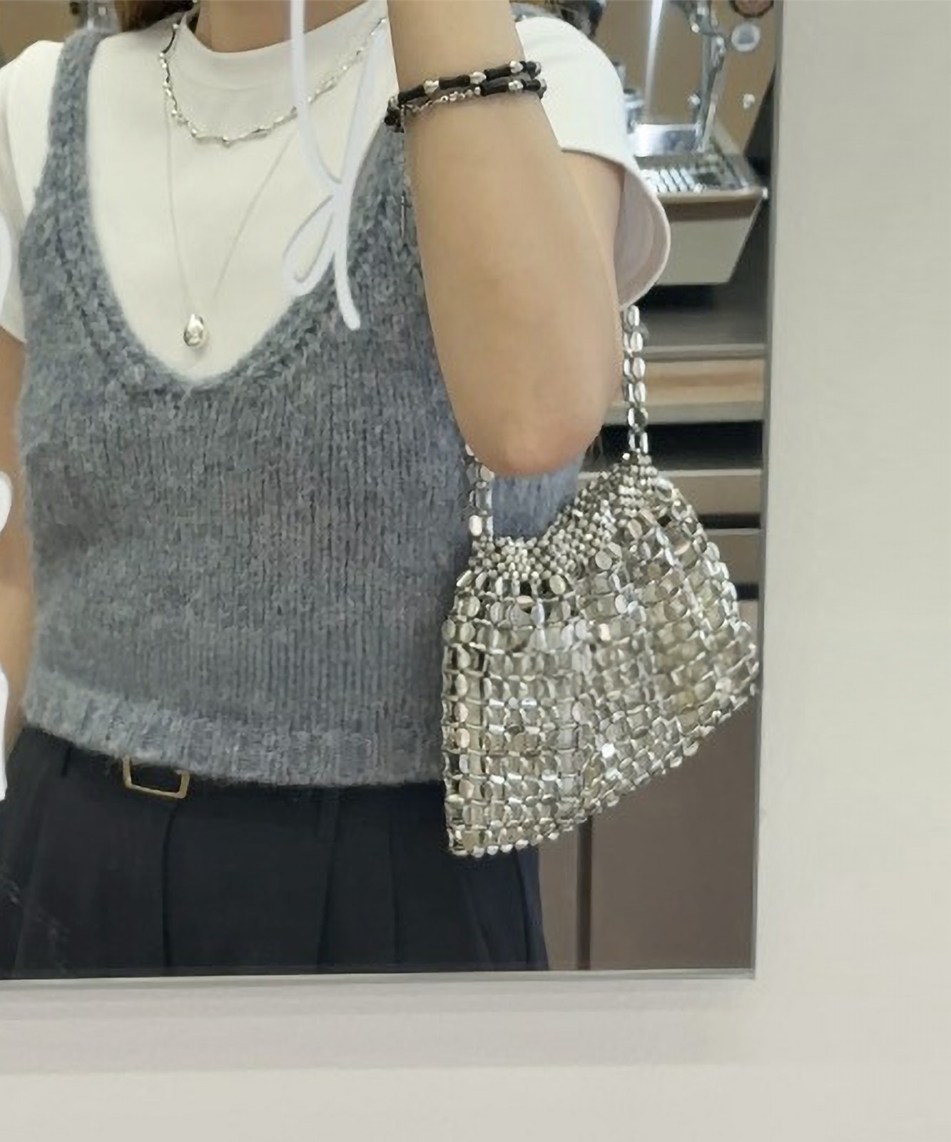 DEVICE select 】 メタルシルバー ビーズ ミニ ハンドバッグ キラキラ