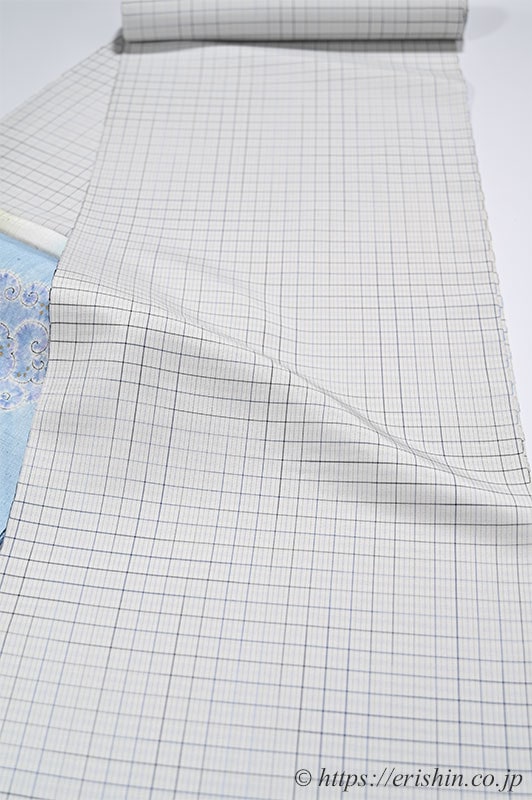 下井伸彦 下井紬/綾織破れ格子（白練色に藍濃淡）下井伸彦『着物・呉服