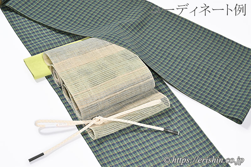 八寸織名古屋帯（羅平織/錆青磁に亜麻色の段・麻）[夏向]『着物・呉服